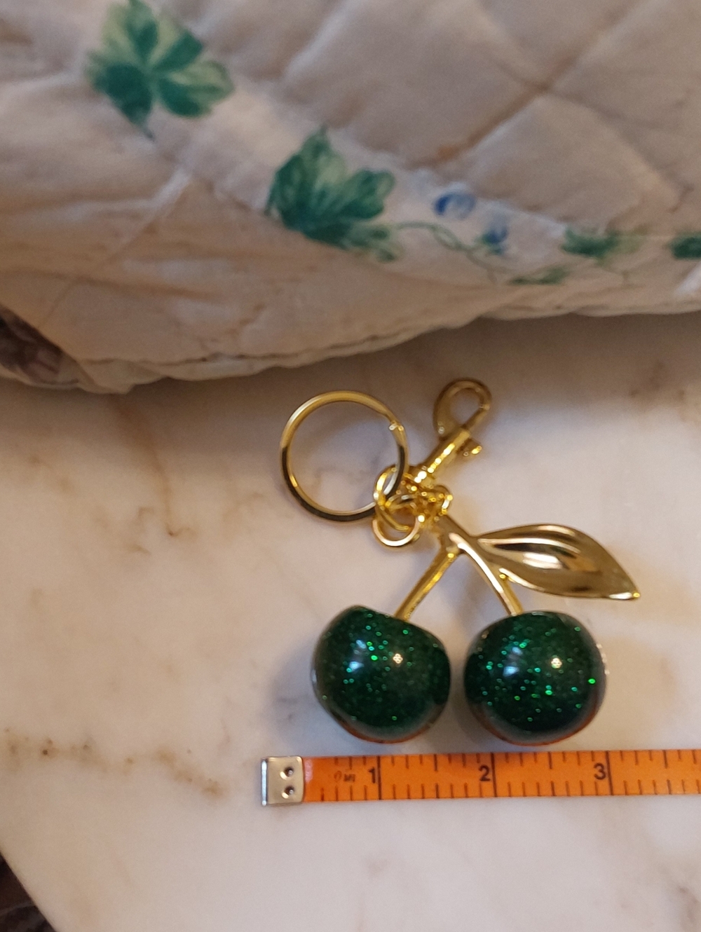 NWOT Green Resin Cherries Bag Charm, Large Goldtone Key Chain - Picture 4 of 7